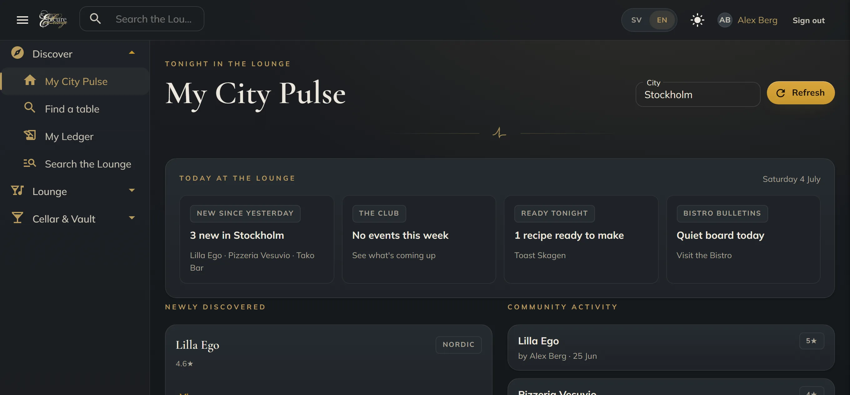 The My City Pulse dashboard showing tonight's dining, events and community activity.